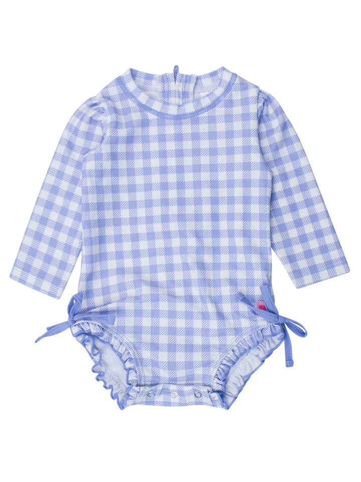 Baby Girls Periwinkle Blue Gingham Long Sleeve One Piece Rash Guard Swimsuit with Signature Rear Ruffles
for wholesale on Faire
