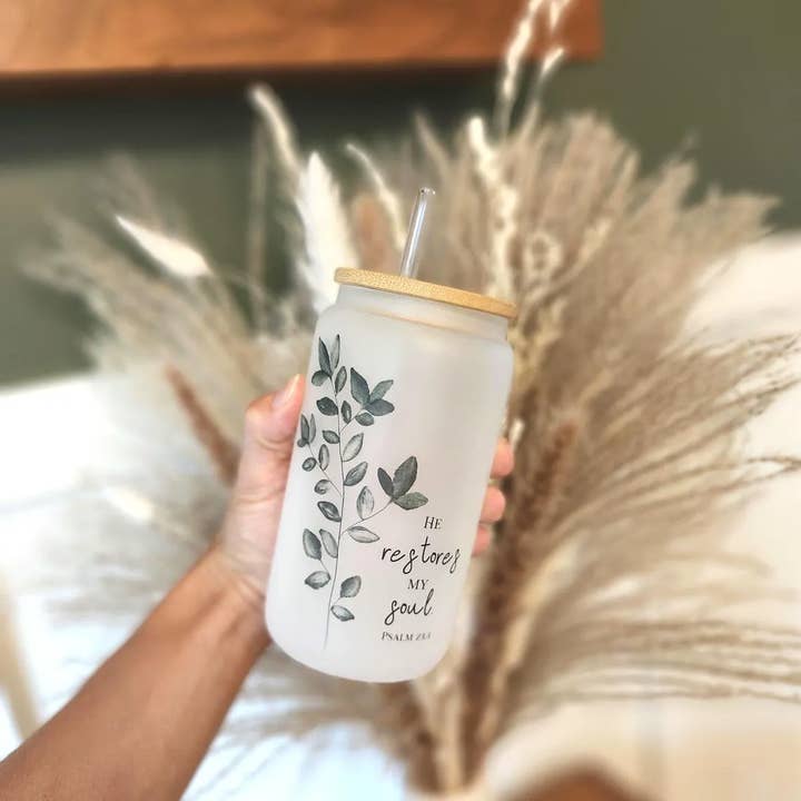 All the Things MN - Wholesale Drinking Glass/Cup - Christian Glass Tumbler with Straw and Lid Botanical Cup2