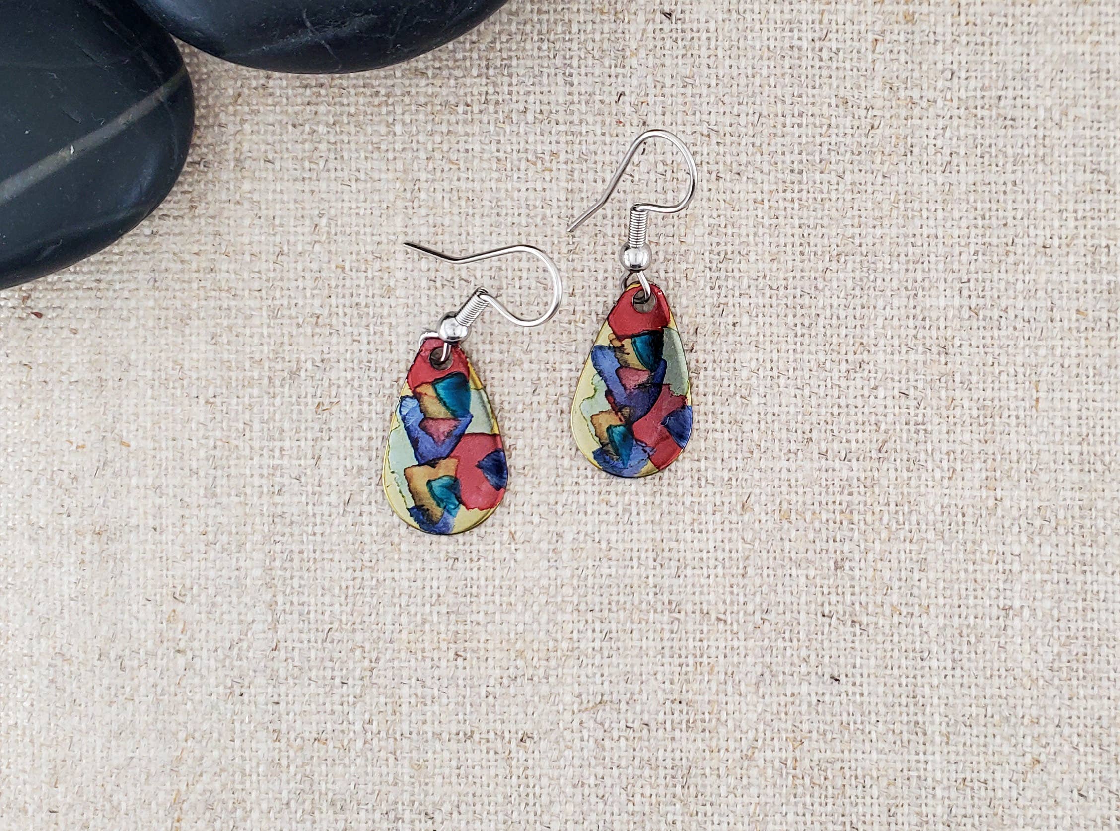 Covaly Artisan Jewelry - Wholesale Dangle Earrings - Alcohol Ink Stainless Steel Small Teardrop Earrings