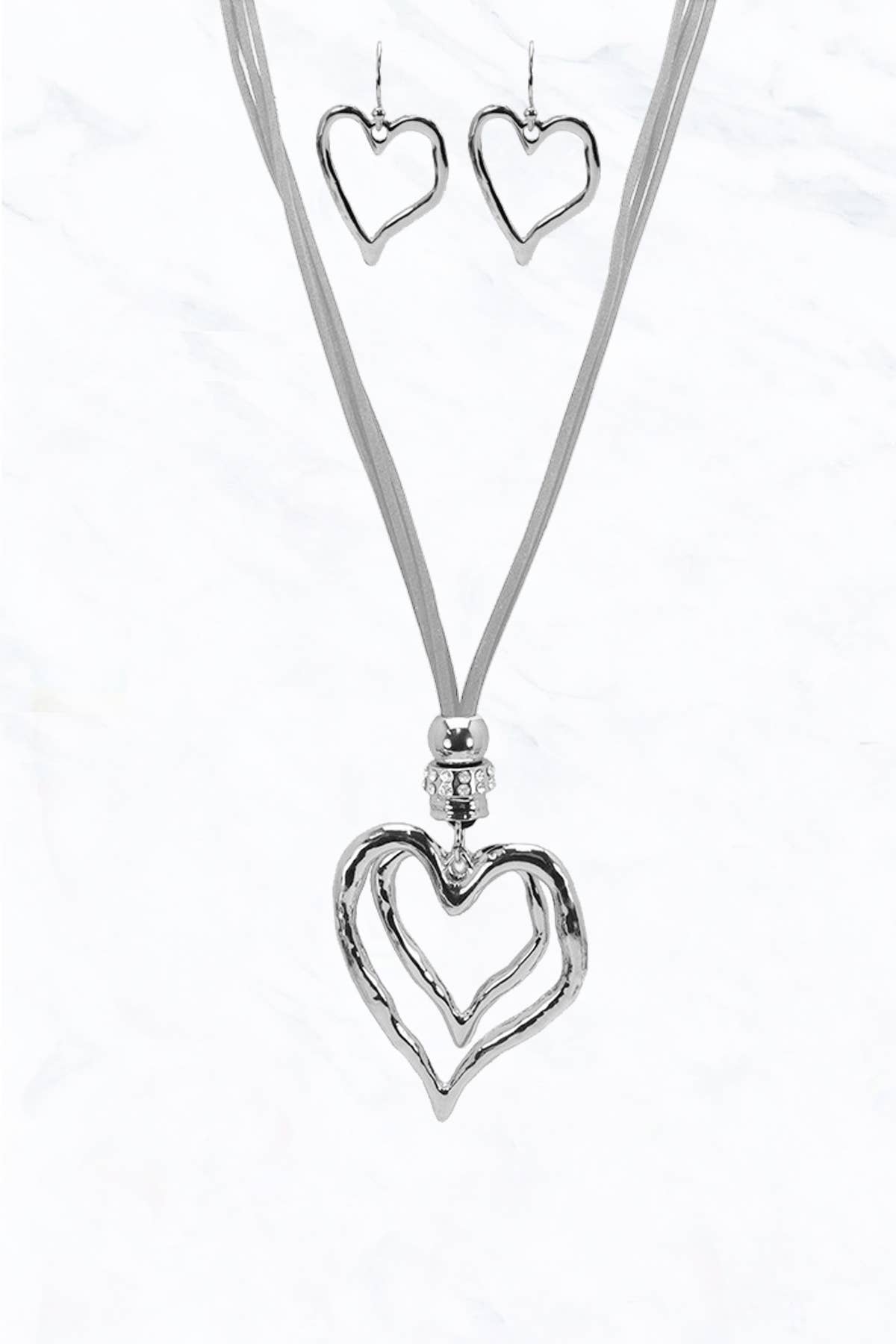 Suzie Q USA - Wholesale Jewelry Set - Metal Double Heart Charm Cord Necklace Set1