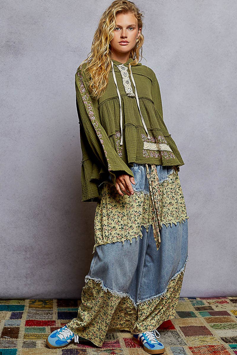 Pol Clothing - Wholesale Hoodie - Women's - Long Sleeve Double Gauze Embroidery Shirring Woven Top28