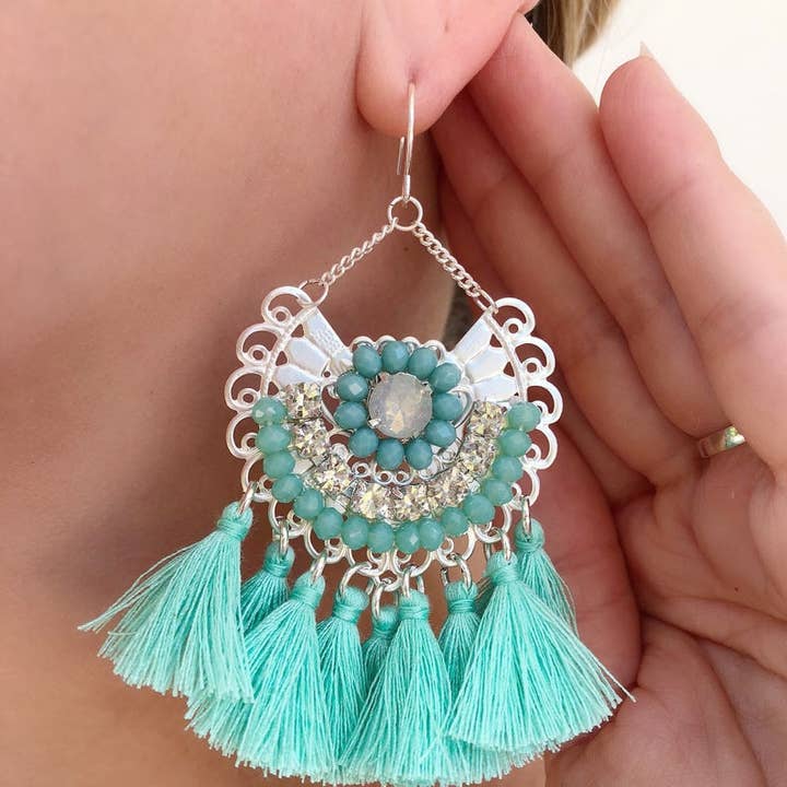 Mint Statement Tassel Earrings for wholesale by Love Bird Fashion Accessories