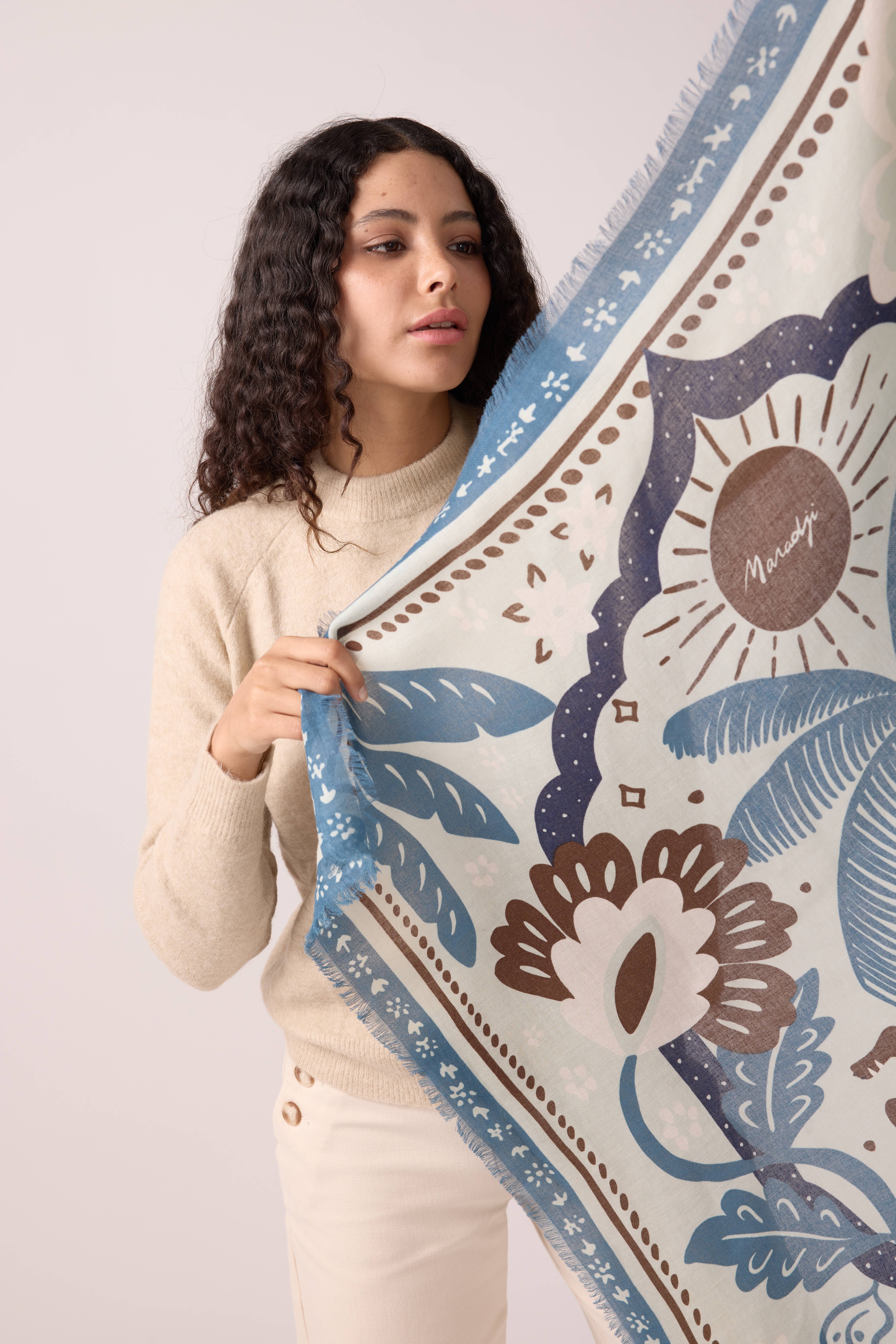 Maradji – wholesale Scarf – Women's – WOOL SCARF TIGER IN THE PALMERAIE STORM BLUE4