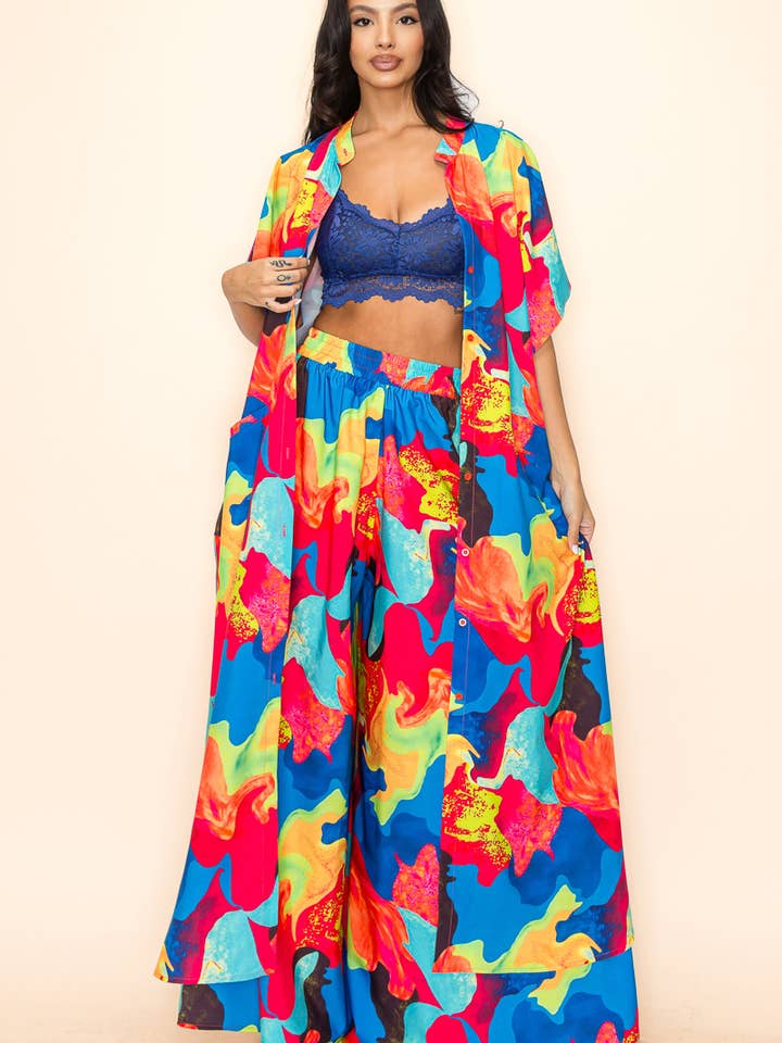 ENSEMBLE CHEMISE LONGUE ET PANTALON LARGE IMPRIMÉS pour la vente par QMP Moda