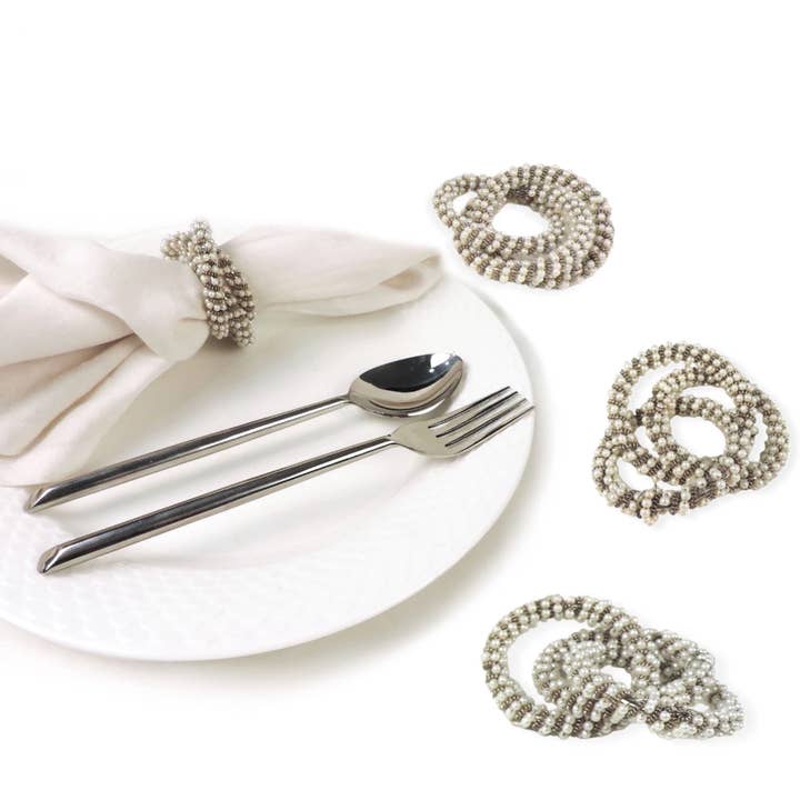Silver Roped Pearl Napkin Ring in White & Silver, Set of 4 for wholesale on Faire3