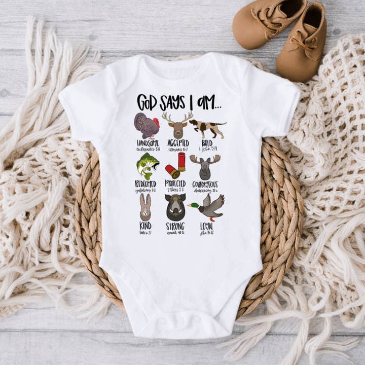 God Says I Am / Christian Hunting Kids Baby Onesie for wholesale by AvaryMaeInspirations