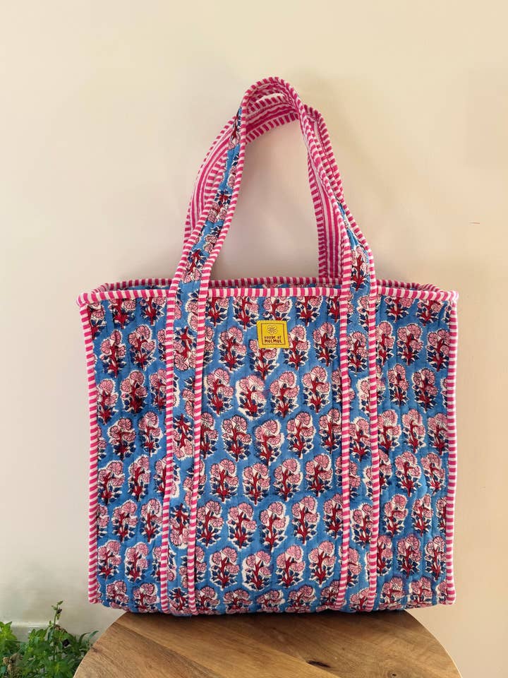 Blockprinted Cotton Tote Bag with pockets (Coral Sky) for wholesale by House of Mulmul LLC