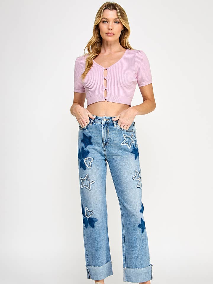 P81108L- PLUS HIGH RISE PATCHED DAD JEAN WITH STRETCH for wholesale by SAIGE DENIM