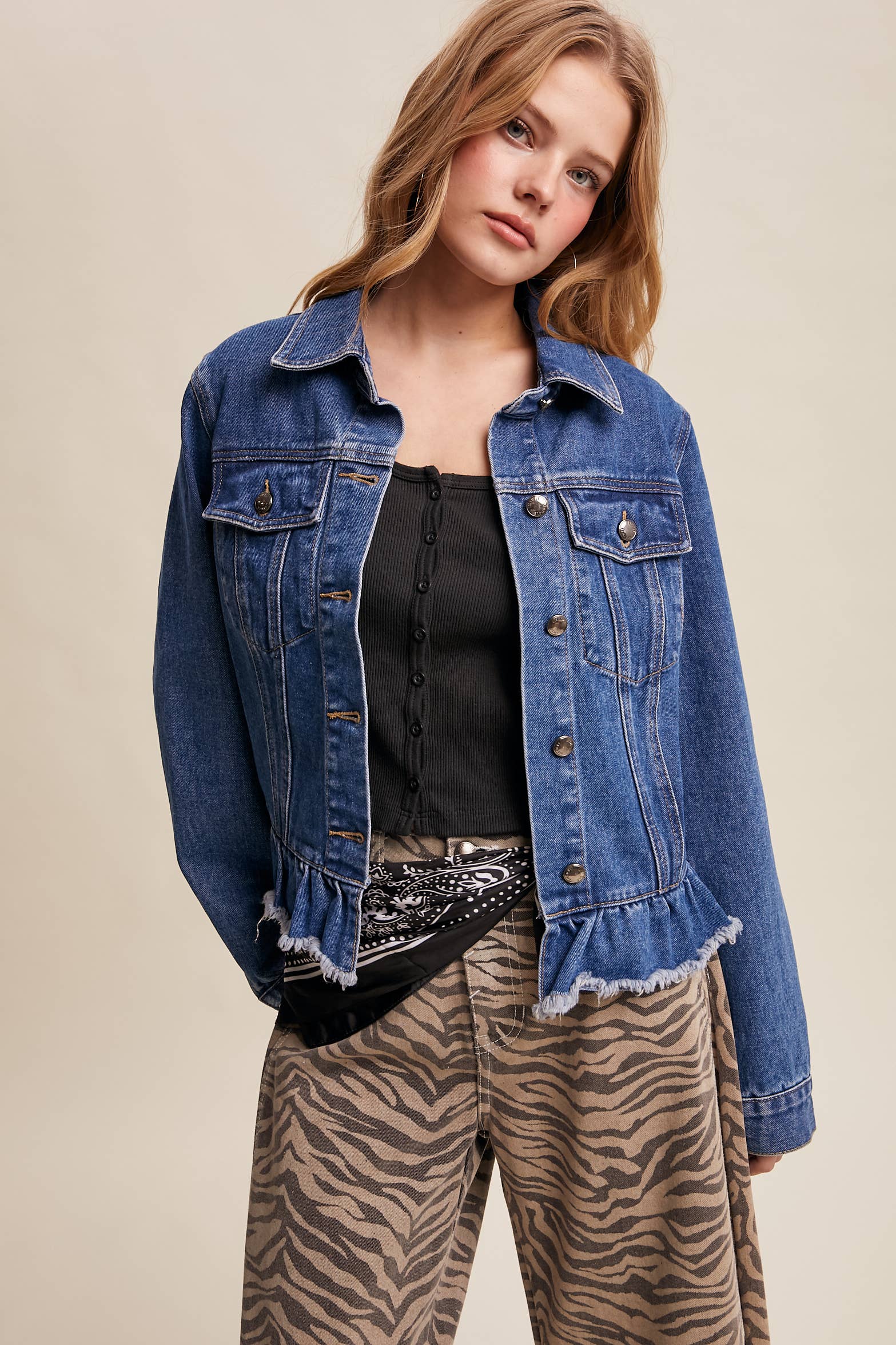 Listicle - Wholesale Denim Jacket - Women's - Ruffled Hem Denim Jacket LJ023618