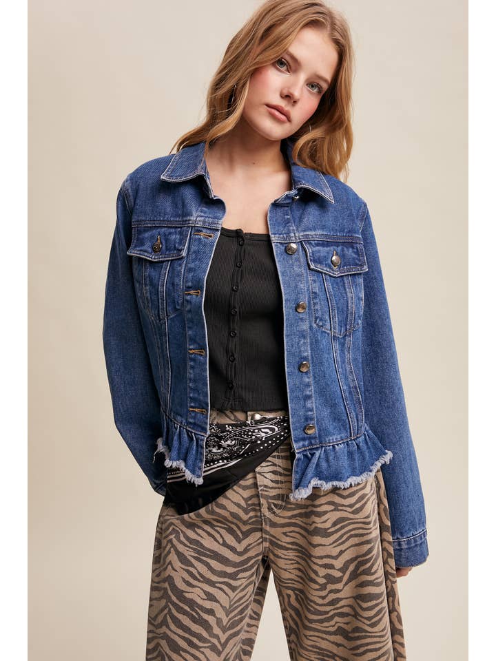 Listicle - Wholesale Denim Jacket - Women's - Ruffled Hem Denim Jacket LJ023618