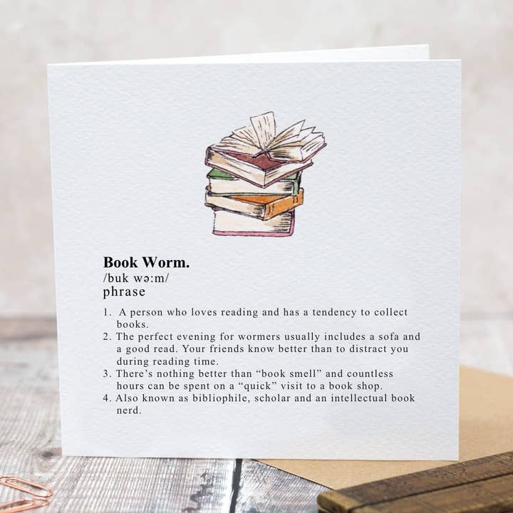 Book Worm Card (Cello-Free) for wholesale by Toasted Crumpet