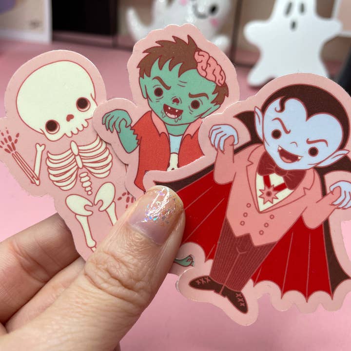 Spooky Monster Stickers: Skeleton, Zombie, Vampire Vinyl Sticker for wholesale by Wendy Stephens Art
