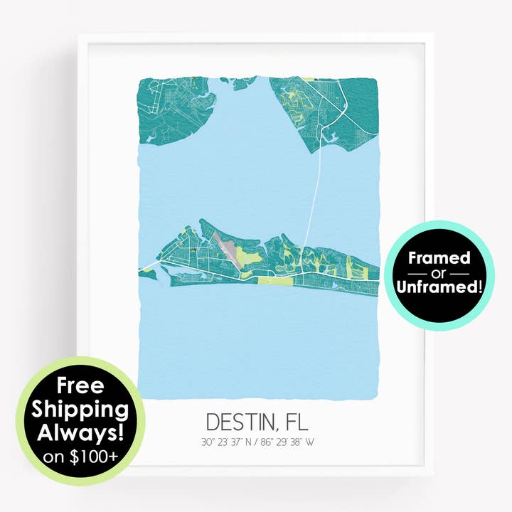 Destin Florida map poster, watercolor city map print for wholesale by Sparks House Co.