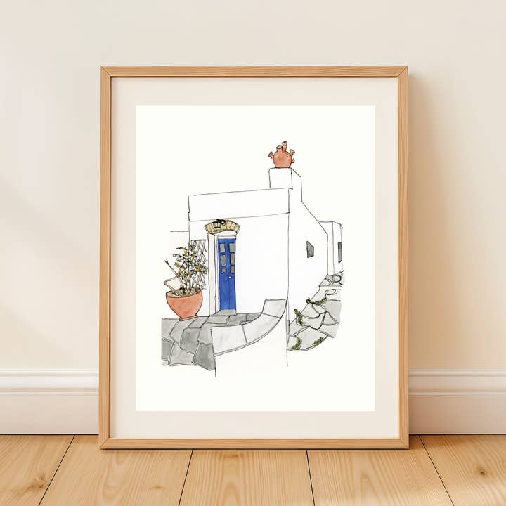Maison de Grèce - Impression d'art de voyage - Aquarelle pour la vente par Sarah Wormann Art