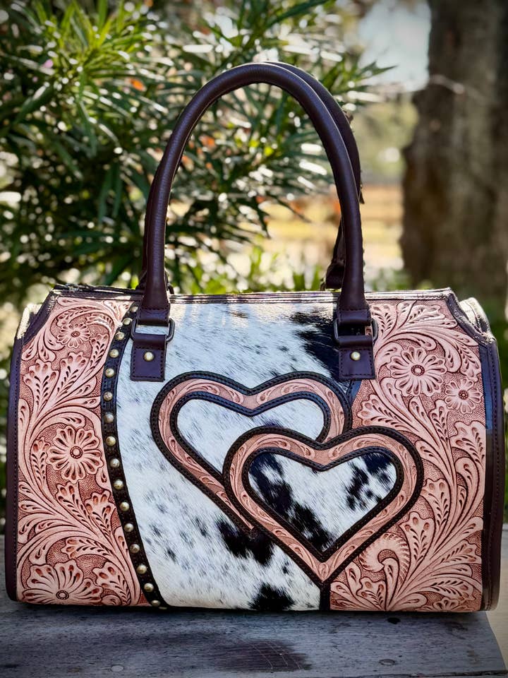 Tooled Leather Cowhide Heart Speedy Bag Western Rodeo NFR for wholesale by Southern Junkie Gypsy Boutique
