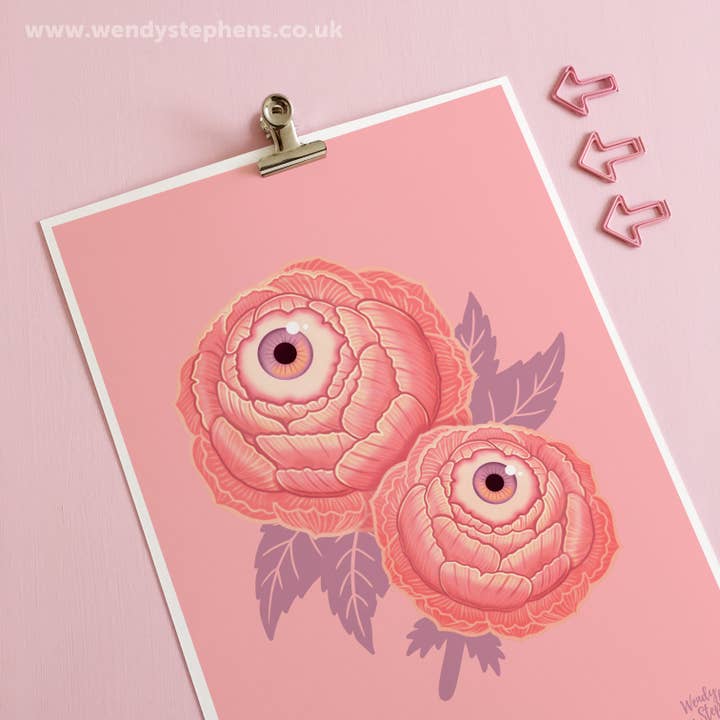 Cute Pink Eyeball Flower Peony Spooky Art Print for wholesale by Wendy Stephens Art