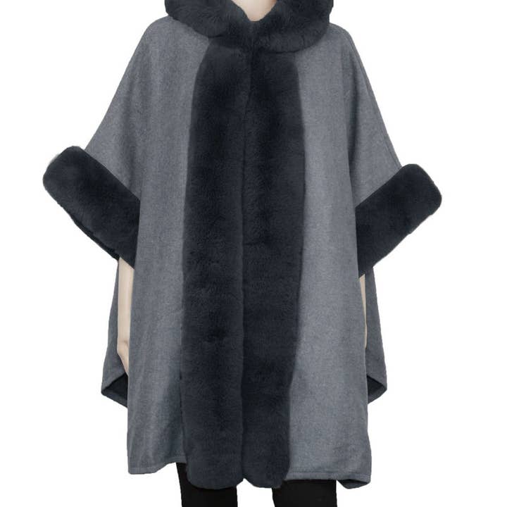P183_Charcoal Fur Trim Cape Shawl for wholesale by Jasper Trading LLC
