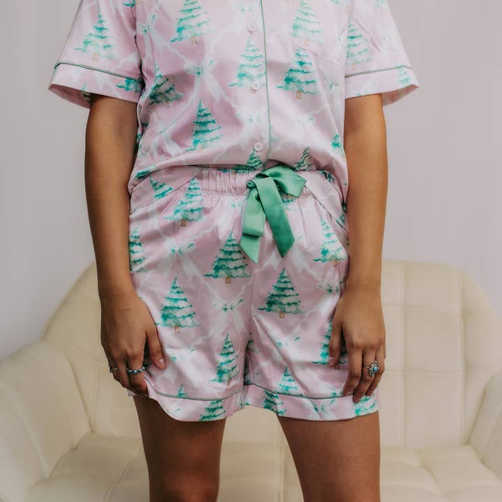 Pink TZ27 Christmas Bows Satin Pajamas Shorts Set for wholesale on Faire