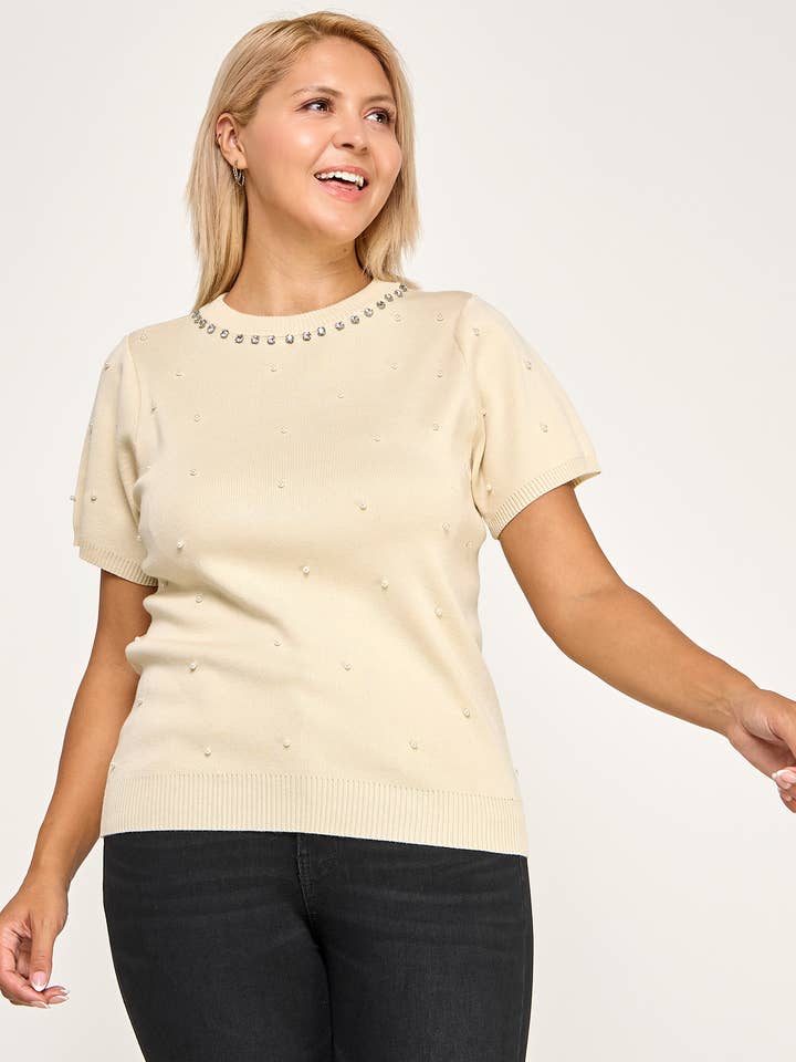 Plus Size Pearl & Rhinestone Embellished Knit Sweater Top for wholesale by Haute Fox Plus Size & Contemporary