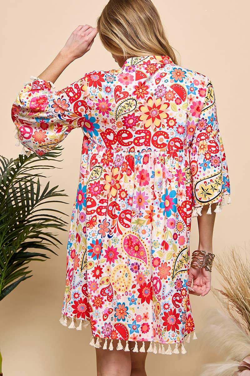 Red Multi Print V Neck Tassel  Dress for wholesale on Faire7