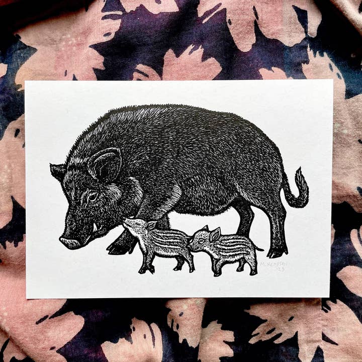 Wild Boar Linocut/Letterpress originele kunstdruk/gesigneerd voor wholesale door Spotty Boy Press