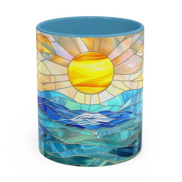 Stained Glass Style Sunrise Mug, Beach, Ceramic Mug, Tea Mug for wholesale by Upside Down Owl Farm