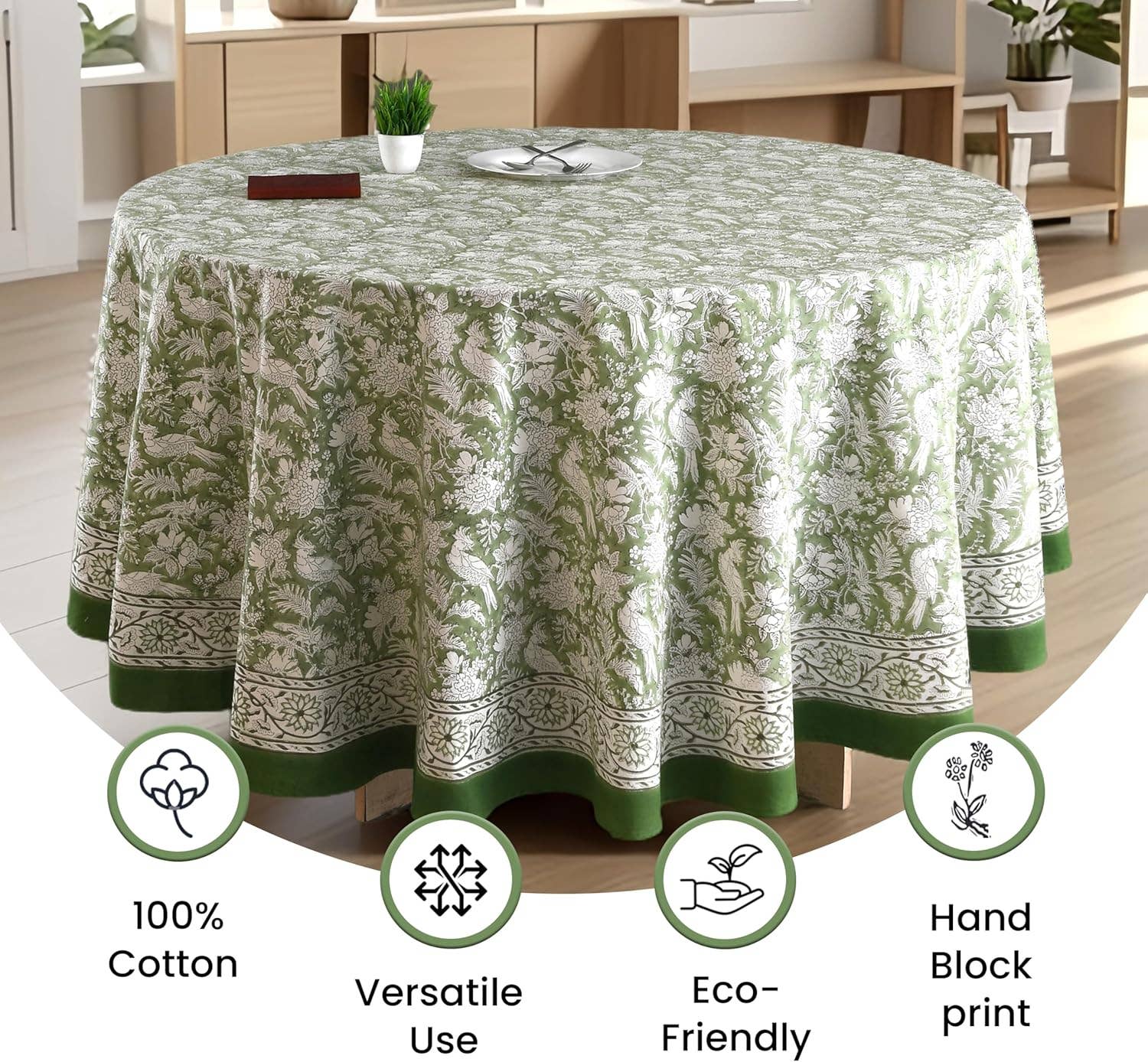 Cotton Print Club – Engroshandel Dug – Rund bloktryk dug – Olivengrøn1