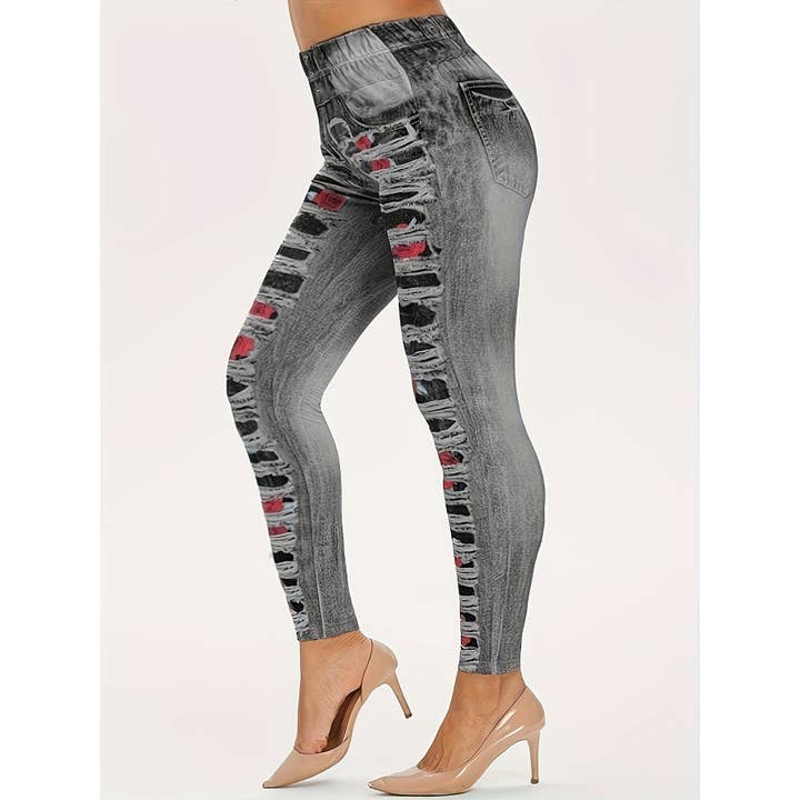 Pantalon de yoga décontracté à bas de sport à imprimé en jean déchiré pour la vente par Tourtiwi