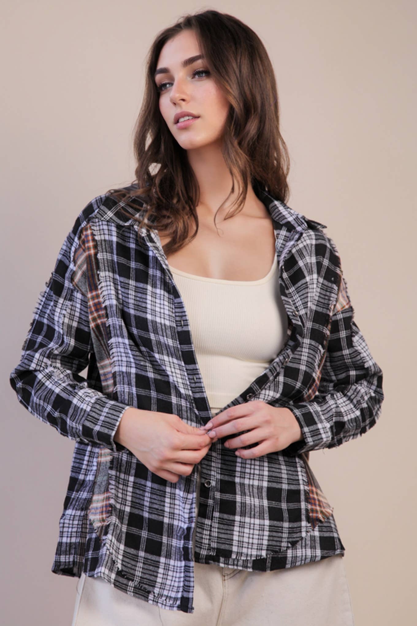 VERY J - Wholesale Button Down Shirt - Women's - NT11681-Contrast Plaid Detail Casual Shirt Top10
