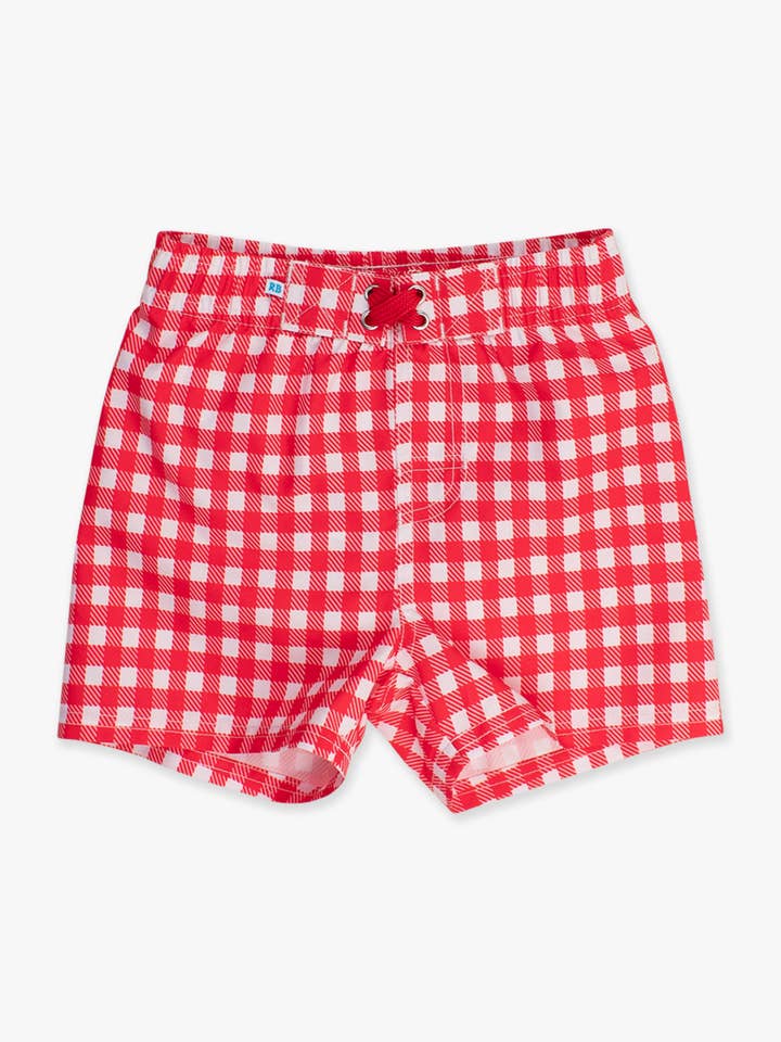Boys Vintage Red Gingham Swim Trunks for wholesale on Faire