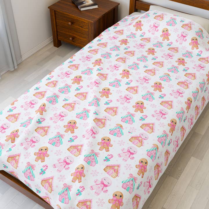 Pink Gingerbread Christmas Velveteen Plush Blanket, Holiday Cozy Soft Blanket, Great Holiday Gift, Gingerbread House Throw Bedding for wholesale by Happythings76