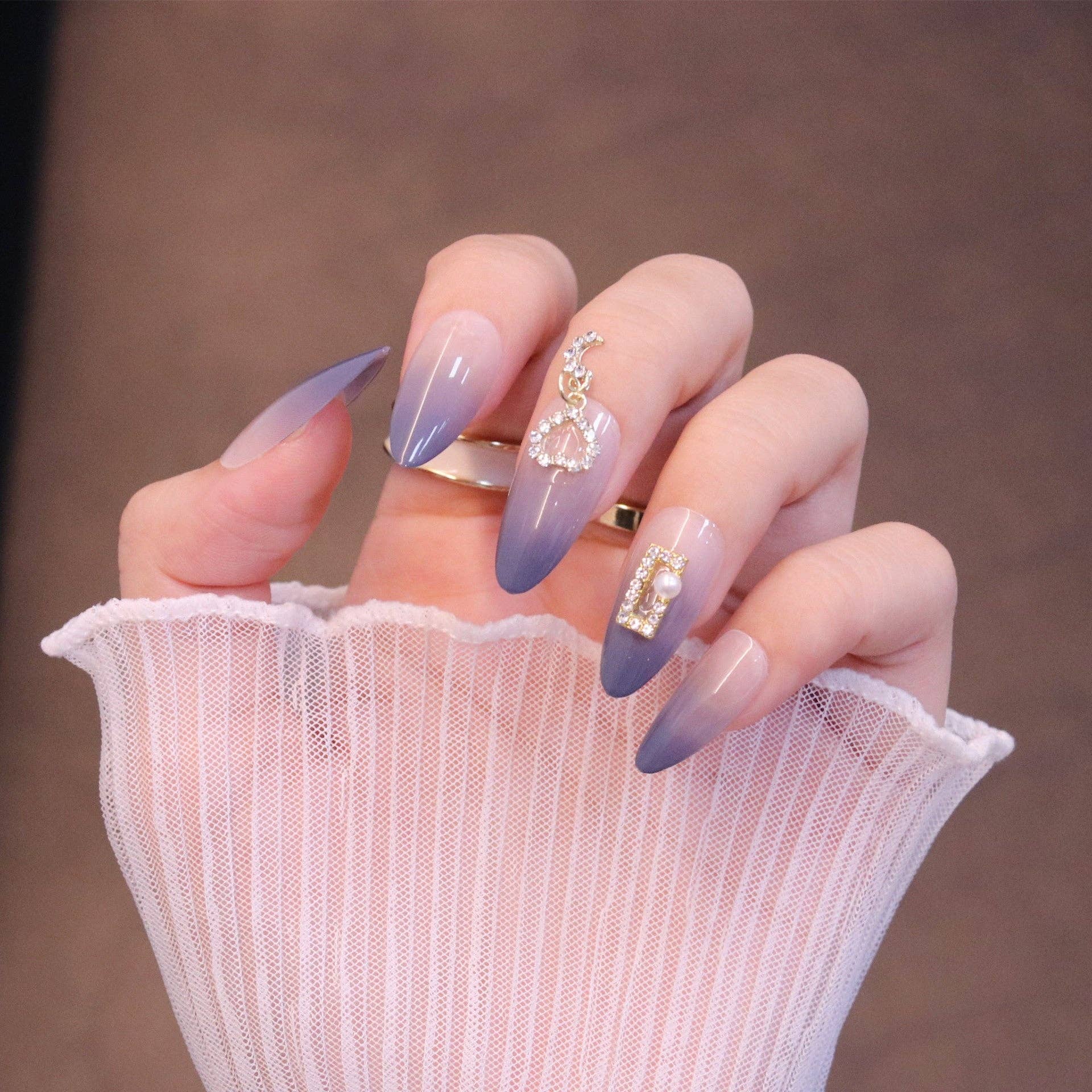 Many Colors Almond Periwinkle Press On Nails with Crystal Pendant Charm for wholesale on Faire1