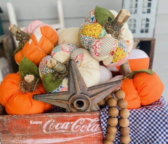 A Gnome on the Roam - Wholesale Decorative Tabletop Object - Handmade Fabric Pumpkins Vintage Quilt Top 7" Fall Decor