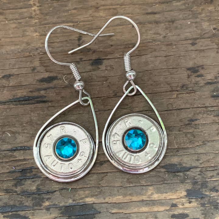 Silver Teardrop 45 Auto Teal Blue Bullet Earrings for wholesale by Jill's Jewels