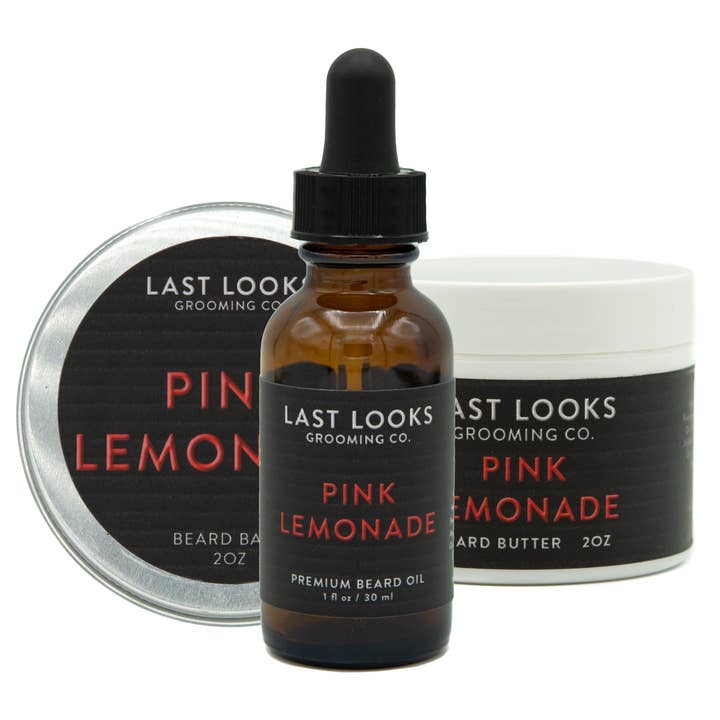Ensemble huile à barbe+baume+beurre à la limonade rose pour la vente par Last Looks Grooming