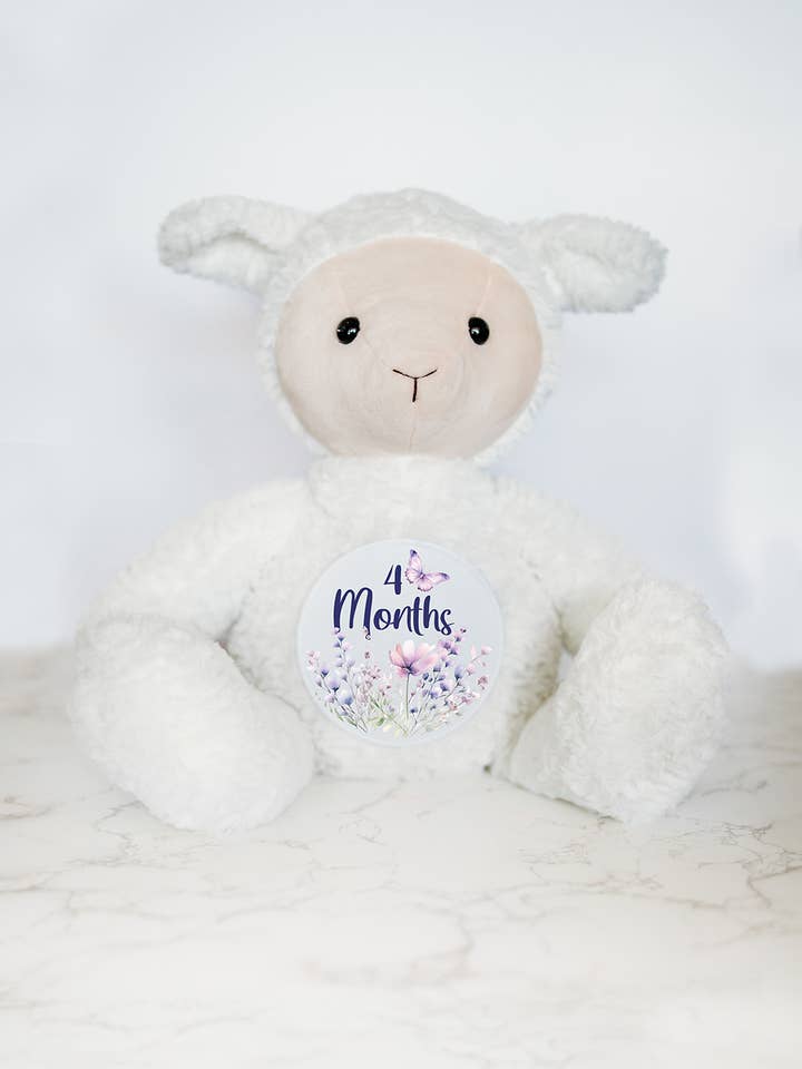 Monthly Milestone Tracker, Lamb Stuffed Animal for wholesale by Grow With Me Baby Co