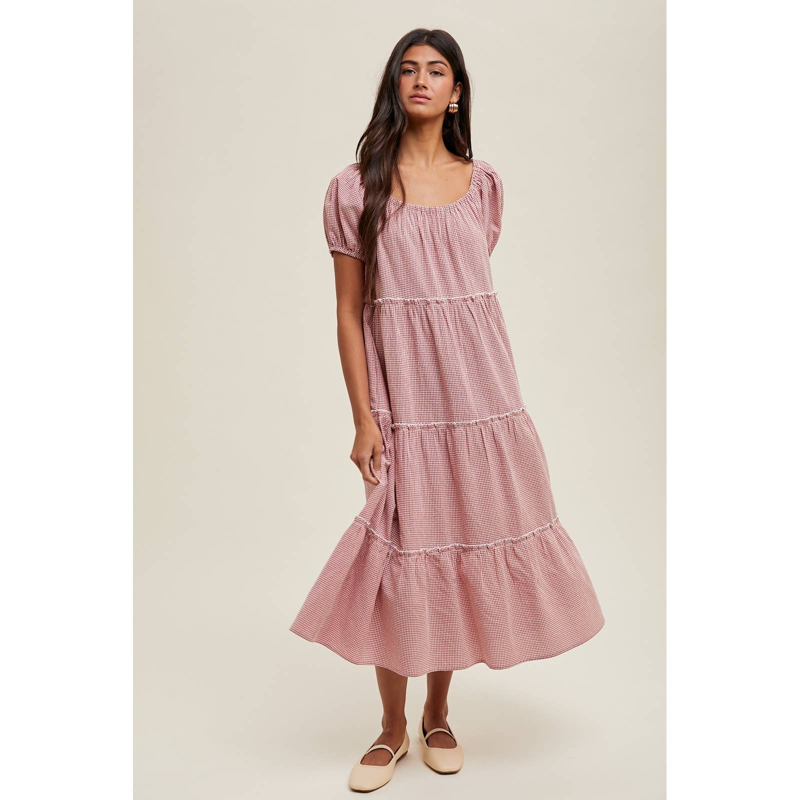 RED WHITE GINGHAM TIERED MIDI DRESS / WL25-10653RL for wholesale on Faire3