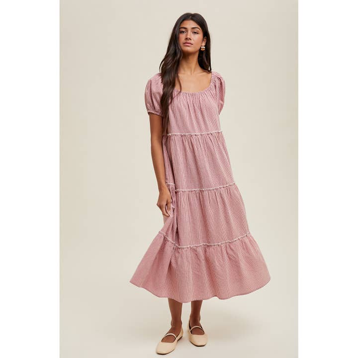 RED WHITE GINGHAM TIERED MIDI DRESS / WL25-10653RL for wholesale on Faire3