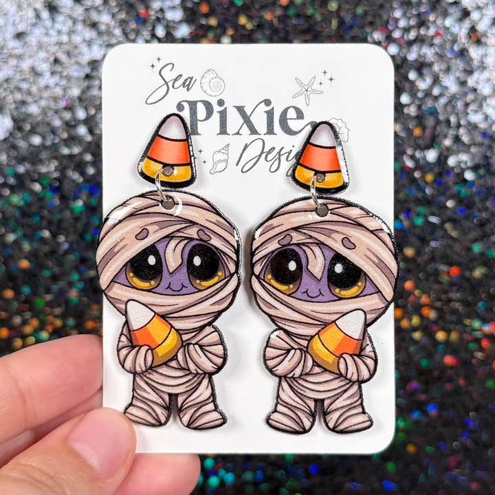 Cute Mummy Candy Corn Halloween Dangle Earrings for wholesale by Sea Pixie Designs