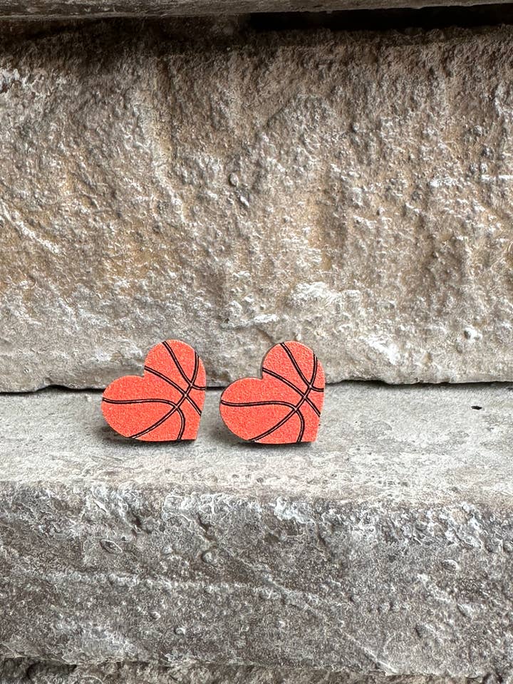 Basketball Two Tone Heart Stud Earrings | Sports Earrings for wholesale by Laser & Color Designs LLC