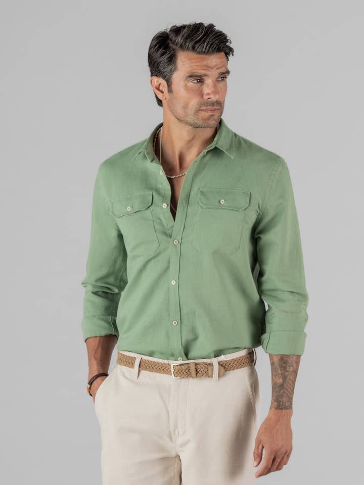GREEN LINEN SHIRT WITH POCKETS for wholesale by CELOPMAN