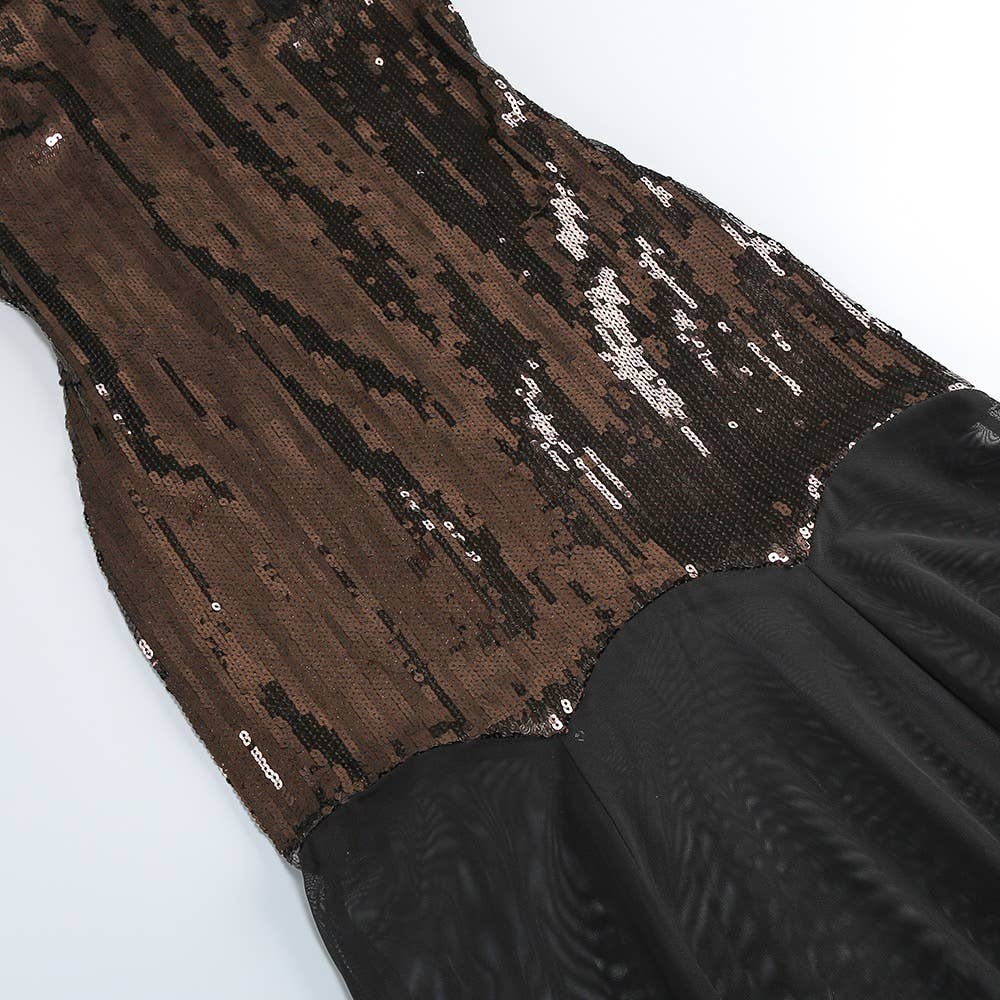 Marrón oscuro+Negro Vestido de noche elegante DR579 con cuello alto y lentejuelas translúcidas de venta al por mayor en Faire11