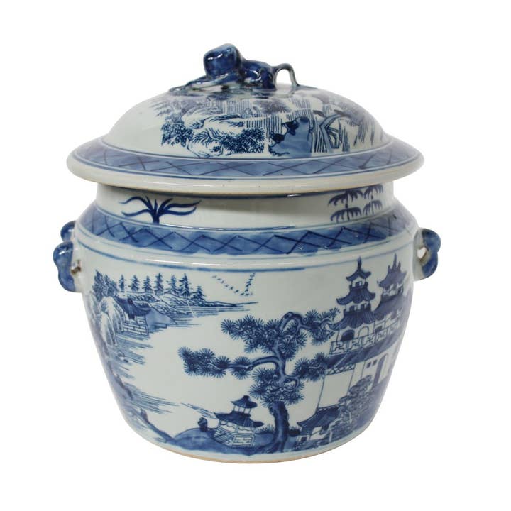 Blue and White Rice Jar Landscape Motif for wholesale by Legend Accents
