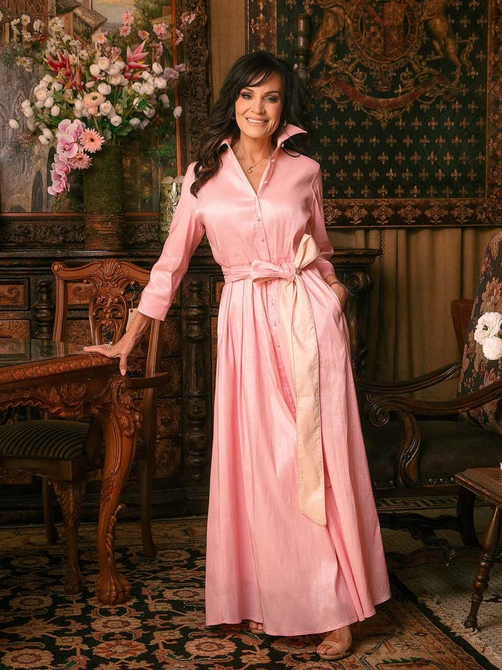 Long Sleeve Bubblegum Pink Maxi Dress With Bow V-Neck for wholesale by Kim Lolley Designs