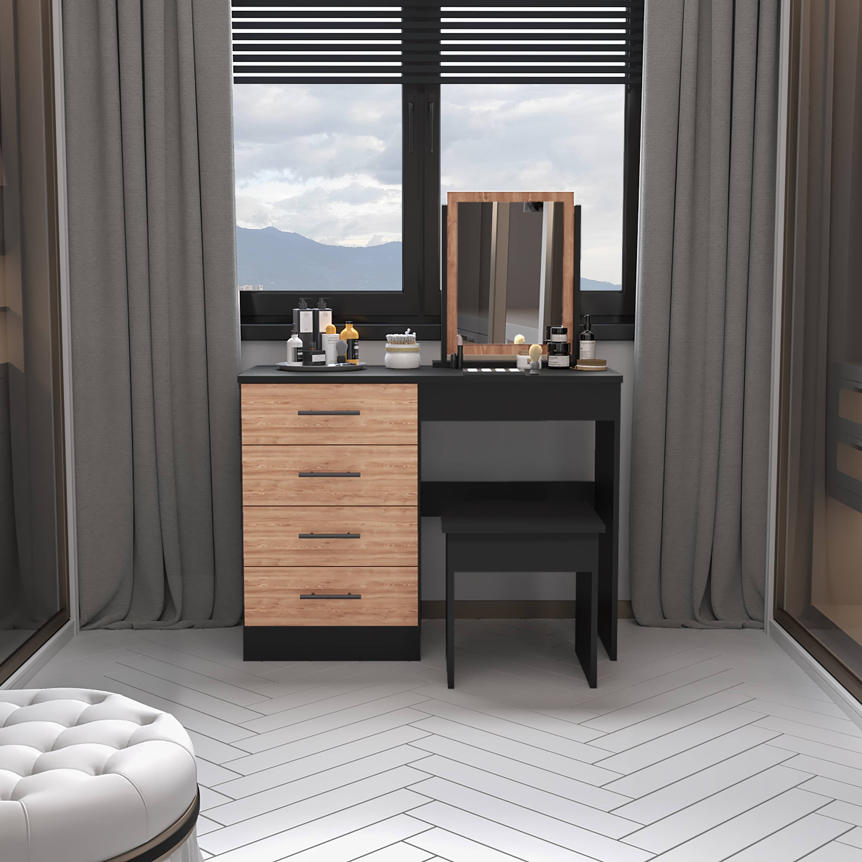 TuHome Concept – Mobília de quarto por atacado – Mesa de maquiagem Seul com espelho, 4 gavetas e banqueta11