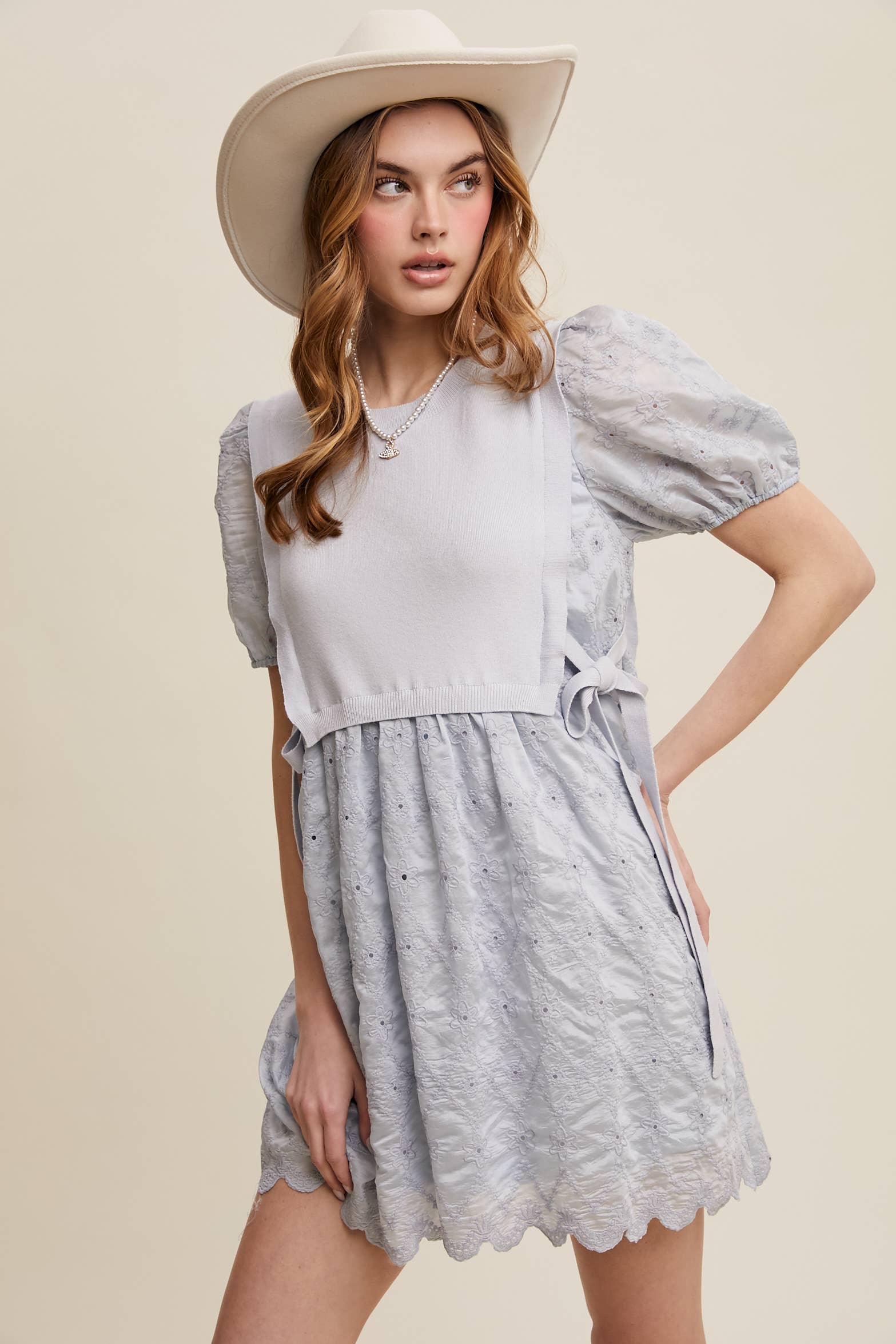 Listicle - Wholesale Dress - Women's - Embroidered Puff Sleeve Dress with Knit Vest19