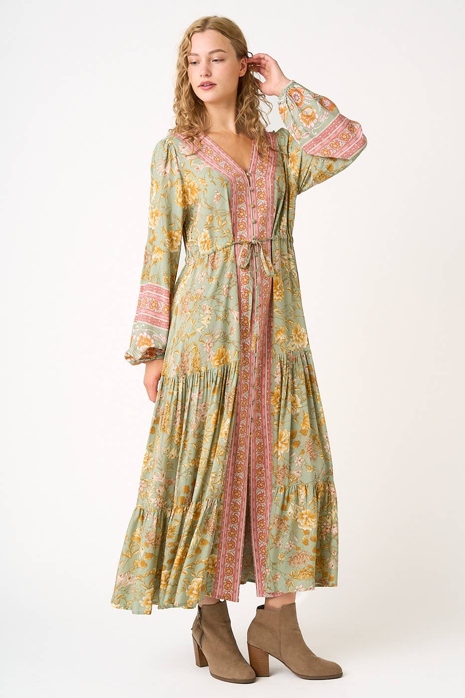 SAGE BOHO FLOWER BORDER PRINT LONG SLEEVE MAXI DRESS for wholesale on Faire4