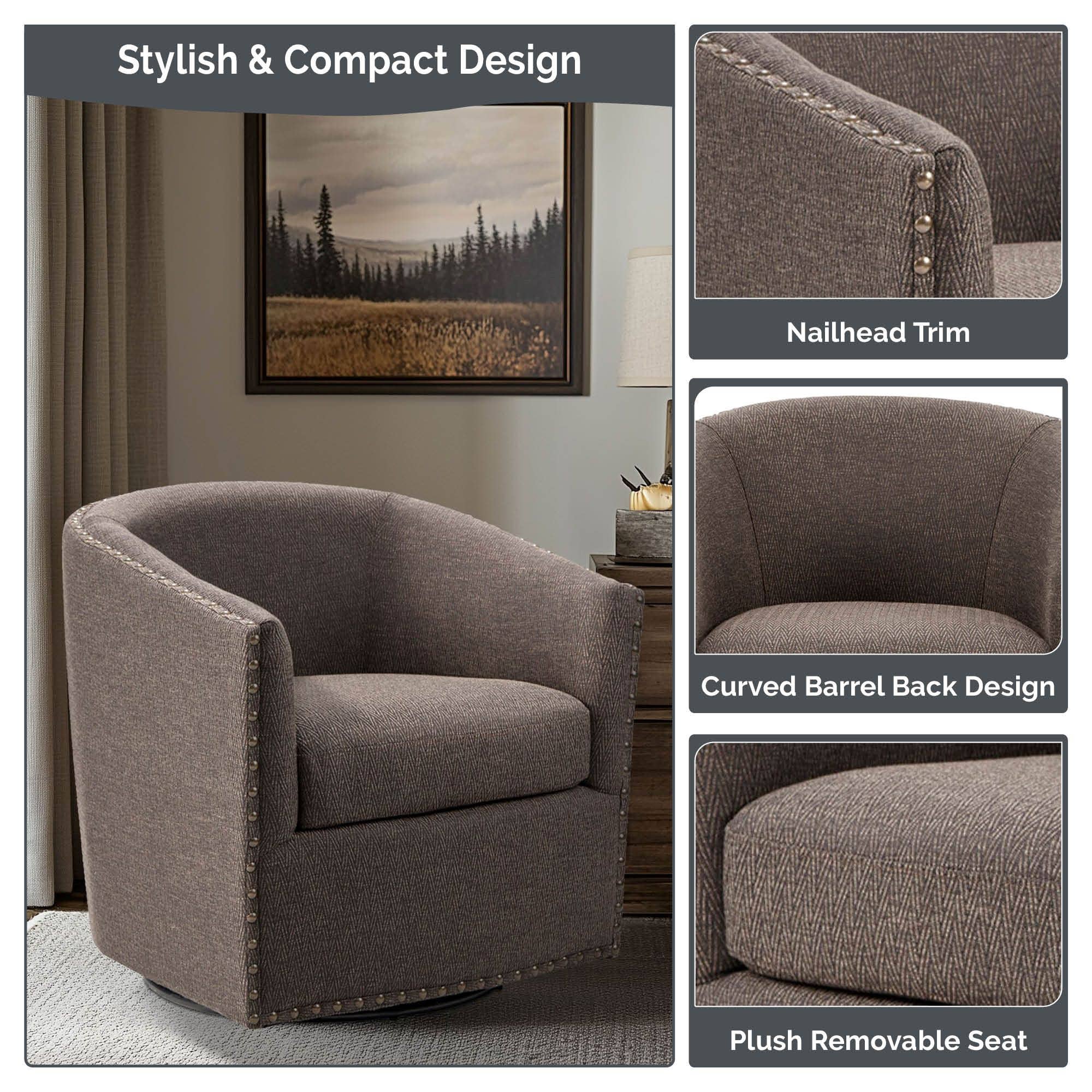 Olliix - Vente Chaises - Chaise pivotante à dossier bas en forme de tonneau, marron*11