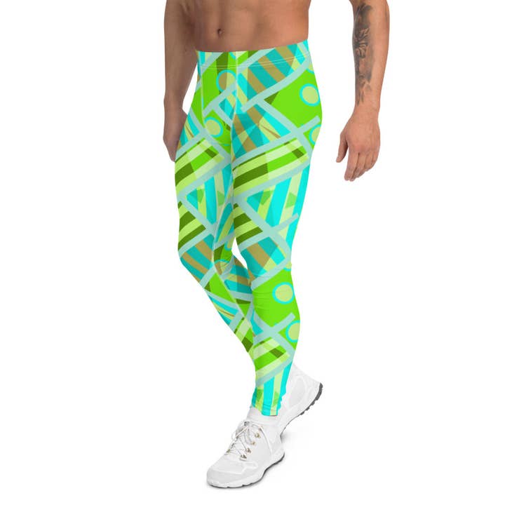 Patterned Men's Leggings | Green Memphis Maze for wholesale by BillingtonPix
