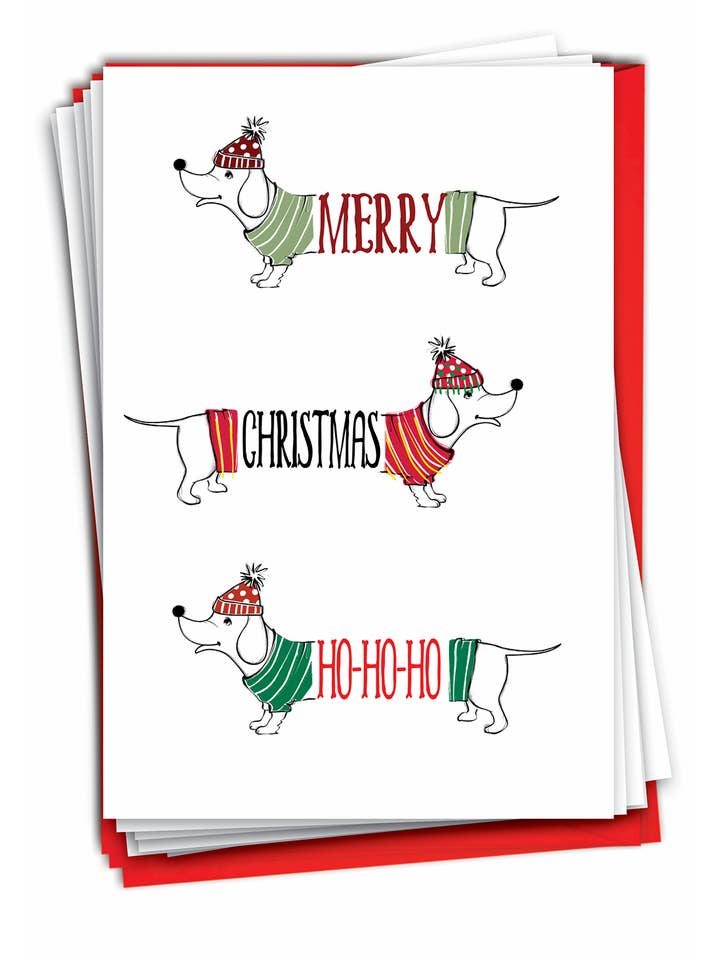 Boîte de 12 cartes de Noël - Dashing Dachshunds-Ho Ho Ho pour la vente par NobleWorks